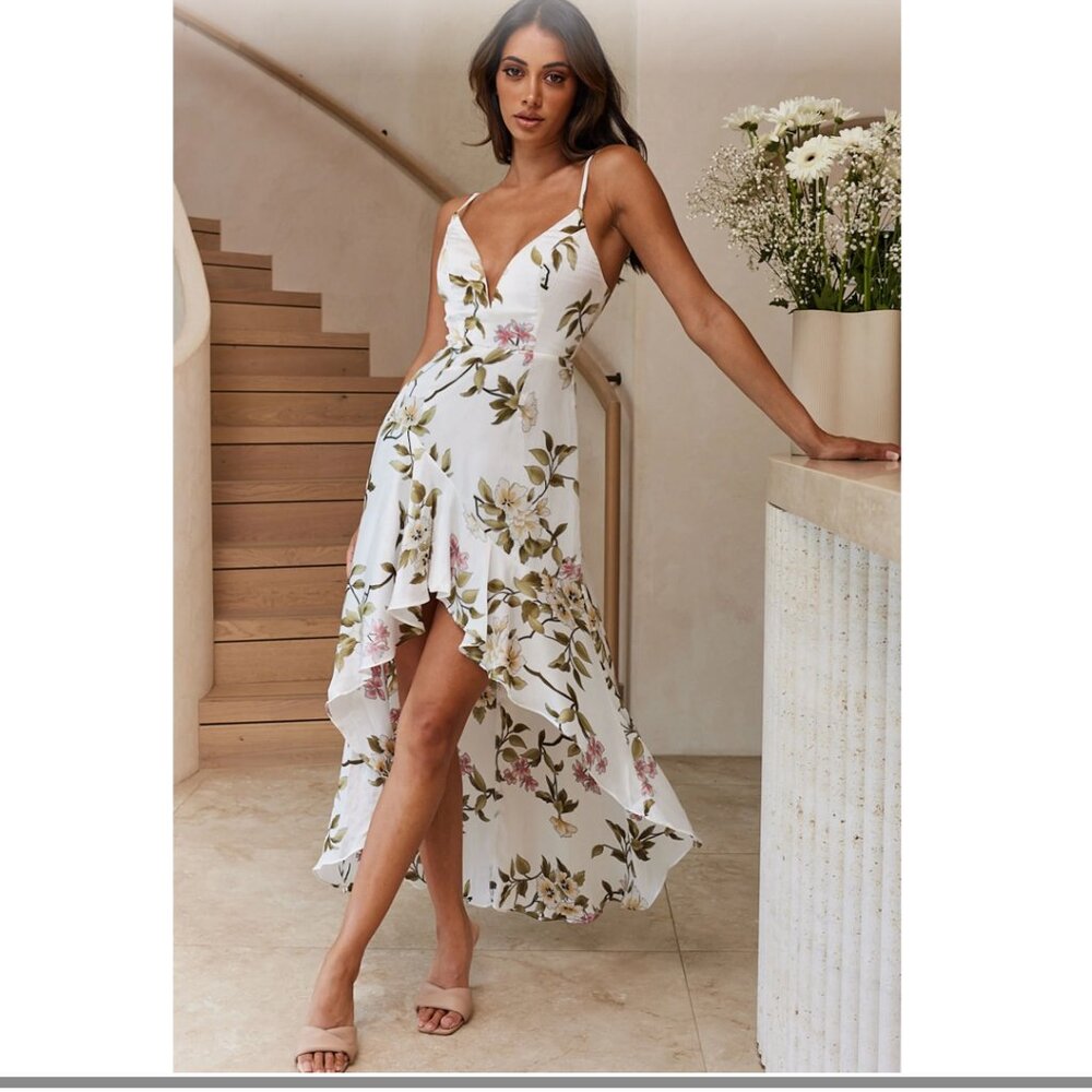 Imelda V-Neckline High-Low Hem Dress White